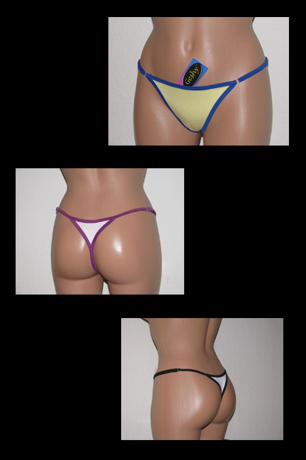 Yellow, purple and black trimmed thongs.